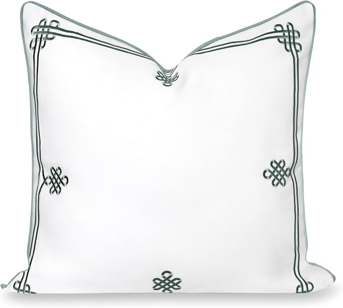 Hofdeco Premium Coastal Hampton Patio Indoor Outdoor Throw Pillow Cover Only, 22"x22" Water Repellent for Backyard, Couch, Poolside, Celadon Green Embroidered Chinoise Lucky Knots