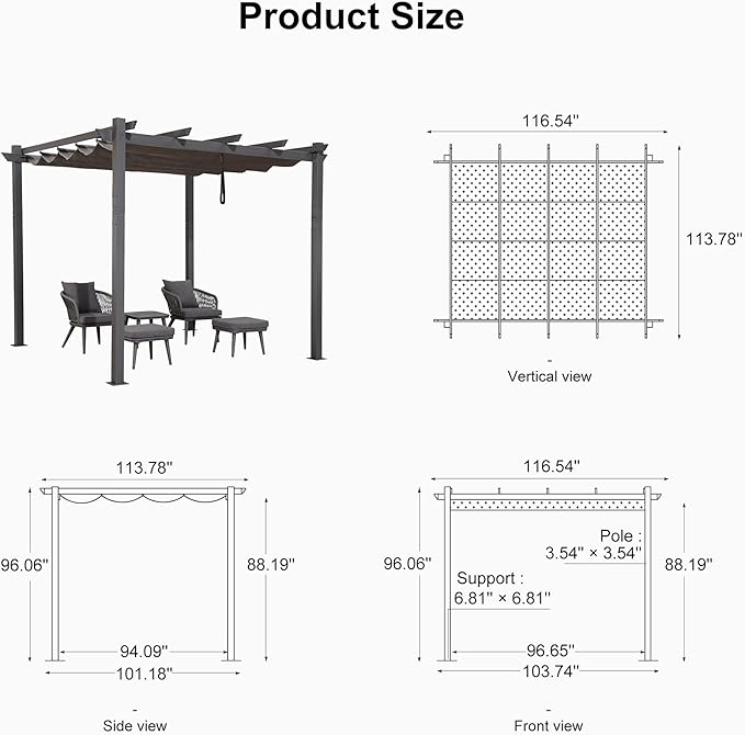 PURPLE LEAF 10' X 10' Outdoor Retractable Pergola with Sun Shade Canopy Patio Metal Shelter for Garden Porch Beach Pavilion Grill Gazebo Modern Yard Grape Trellis Pergola, Gray