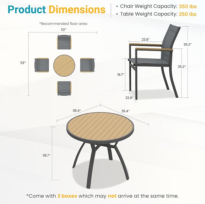 5-Pieces Aluminum Patio Table and Chairs Set, Outdoor Patio Furniture Set with Heavy Duty HDPS Round Table, All-Weather Outdoor Dining Set with Quick-Drying Breathable Textilene Chairs for Porch