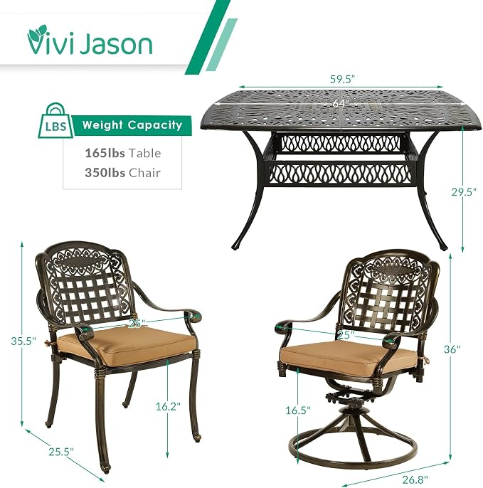 VIVIJASON 9-Piece Outdoor Dining Set, Cast Aluminum Patio Table & Chair Furniture Set for 8, Include Large 64" Square Dining Table, 4 Swivel Rocker Chairs, 4 Stationary Chairs, Umbrella Hole, Khaki
