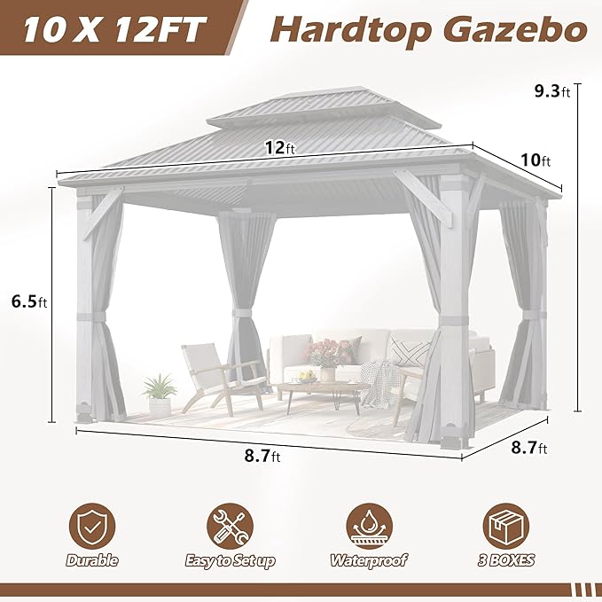 10'x12' Wood Gazebo, Outdoor Hardtop Gazebo with Wood Posts and Galvanized Steel Doule Roof, Wooden Frame Gazebos with Netting and Curtains for Patio, Backyard, Deck