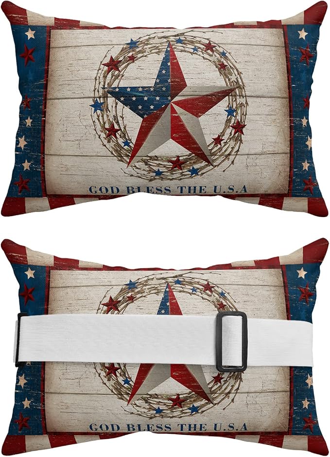 Outdoor Pillows Covers with Inserts 4th of July Patriotic Red and Blue Star Retro Waterproof Recliner Pillow with Adjustable Strap Throw Pillows for Patio Furniture Pool Lounge Chair, 11x16 inch, 1PCS