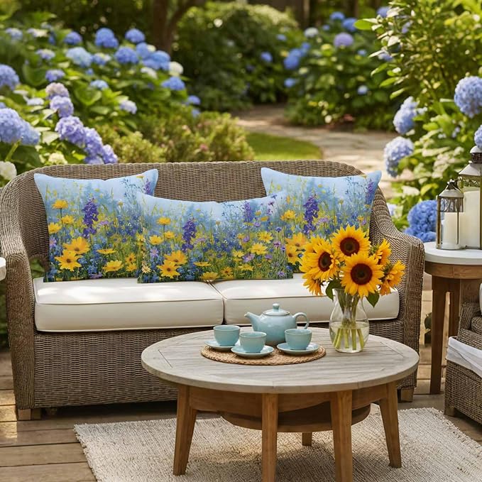 Outdoor Waterproof Pillow Covers for Patio Rustic Landscape Decorative Throw Pillow Cover Spring Wildflower Floral Yellow Blue Purple Pillowcases Set of 2 Cushion Case for Sofa Couch Chair 12x20 Inch