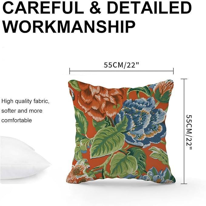 Blue Floral Chinoiserie on Orange Throw Pillow Covers Peony Chic Asian Throw Pillow Cover Abstract Outdoor Waterproof Decorative Pillow Cover for Couch Sofa Bedroom Car 22x22 in