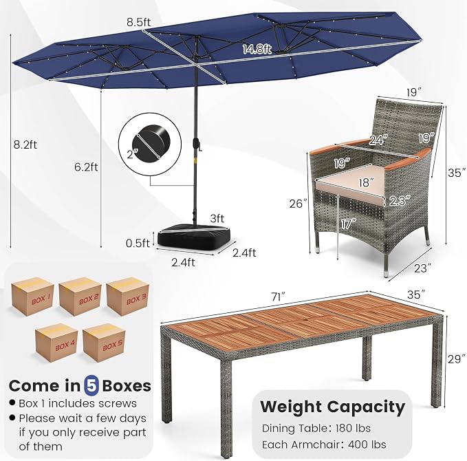 Tangkula 11 Pieces Patio Dining Set with 15 ft Double-Sided Patio LED Umbrella (Base Included), Outdoor Rattan Furniture Set with 8 Armchairs, 1 Rectangular Acacia Wood Dining Table (Navy)