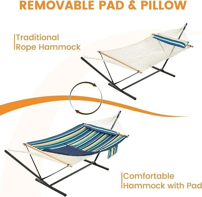 Lazy Daze Hammocks 2 Person Portable Hammock with 12FT Stand, Double Hand Woven Cotton Rope Hammock with Detachable Quilted Pad & Pillow for Outside, 450lb Capacity, Beach Stripes