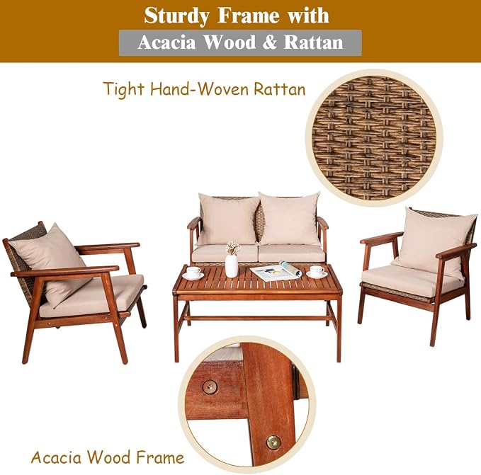 Tangkula 4 PCS Patio Wood Sofa Set, Outdoor Acacia Wood Seating Chat Set with Cushions & Coffee Table, Sectional Conversation Sofa Set for Garden, Backyard, Poolside (1, Brown)