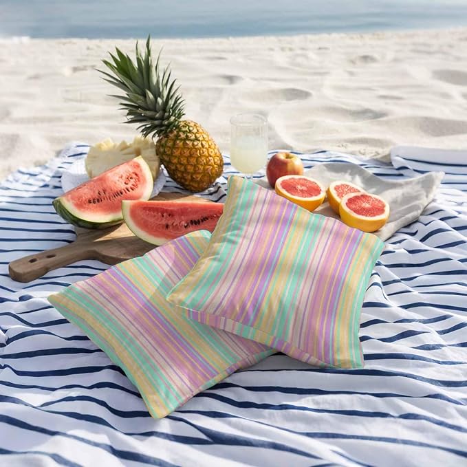 Pink Aqua Stripe Outdoor Pillow Covers 24x24 Inch Throw Pillow Covers Set of 2 Waterproof Decorative Pillow Cases Yellow Geometric Country Geometric Cushion Covers for Patio Furniture Garden Couch