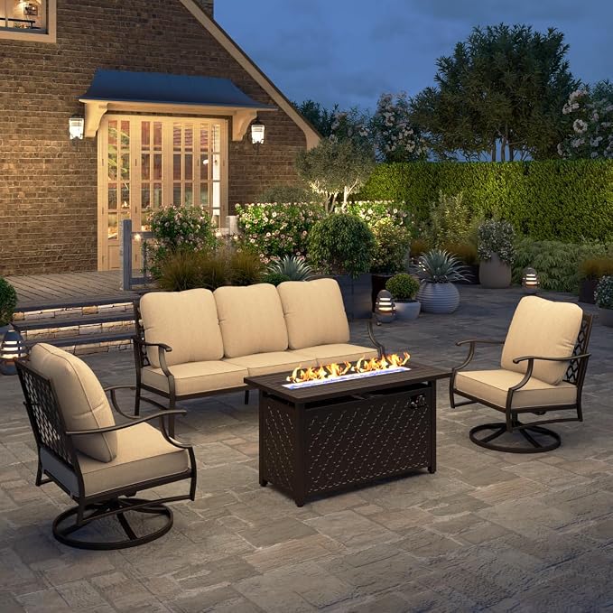 HERA'S HOUSE 4 Pieces Patio Furniture Set with Fire Pit Table, 2 x Swivel Cushioned Chair, 3-Seat Sofa with 45" Fire Pit Table, Outdoor Conversation Set for Garden, Poolside, Backyard
