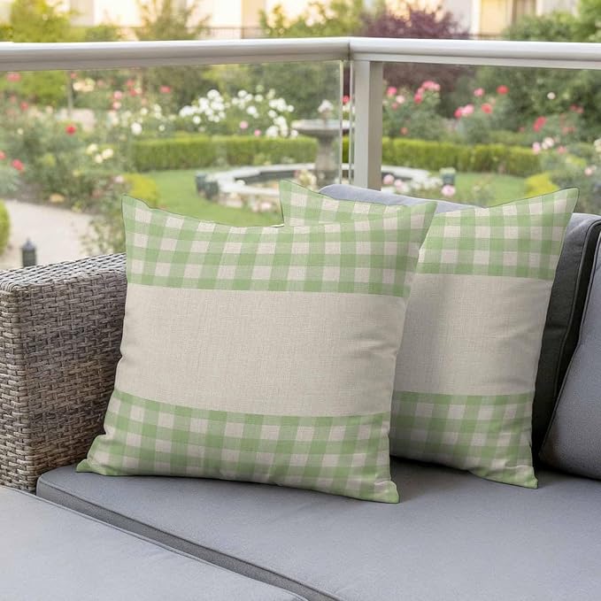 Retro Green Outdoor Waterproof Pillow Covers, Farmhouse Buffalo Plaid Vintage Beige Decorative Square Throw Pillowcase Sofa Cushion Sham for Patio/Couch/Chair, 16"x16" 2 Pack