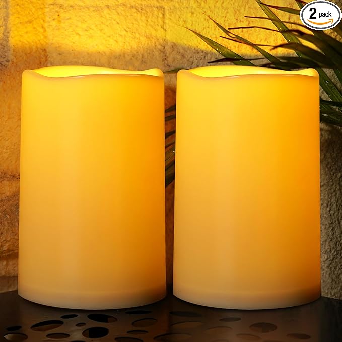 Homemory 6" x 9" Extra Large Outdoor Waterproof Candle with Auto 6-Hour Timer, Ivory Plastic Made, Long Last for Half A Year, Set of 2