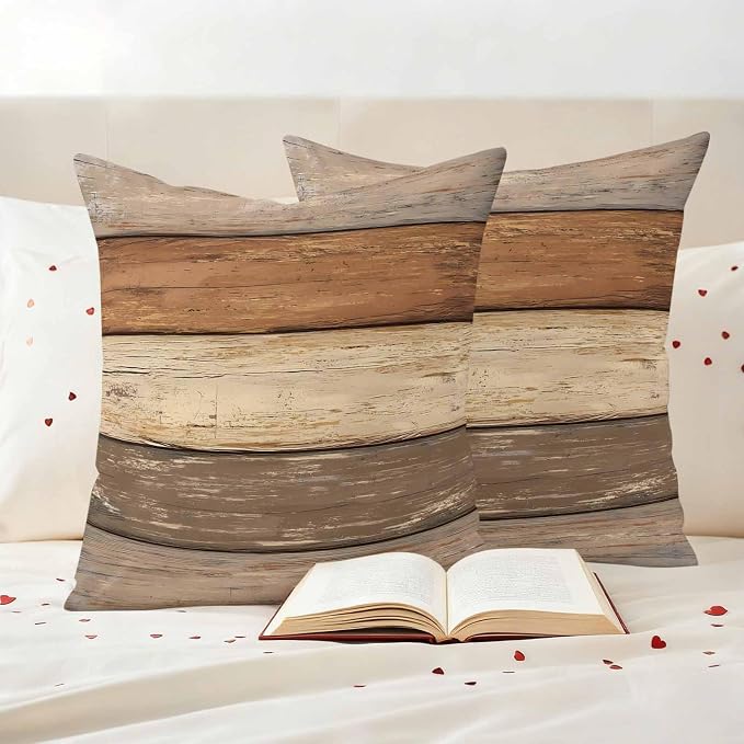 Farmhouse Beige Brown Outdoor Waterproof Pillow Covers, Vintage Wooden Striped Decorative Square Throw Pillowcase Sofa Cushion Sham for Patio/Couch/Chair, 26"x26" 2 Pack