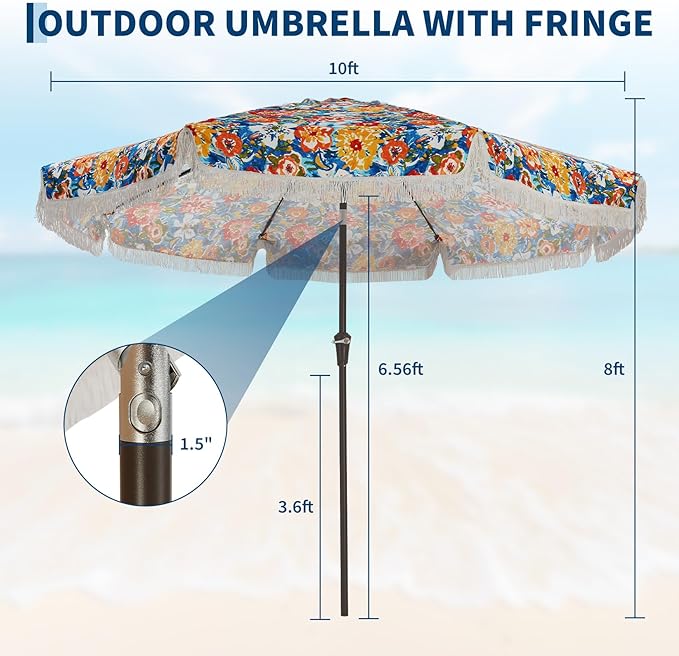 Garvee 10FT Fringe Patio Umbrella with Crank Handle, Push Button Tilt for Sun Shade,8 Fiberglass Ribs,1.5" D Premium Steel Pole, Outdoor Large Tassel Umbrella for Patio Beach Pool Backyard,10' Flower