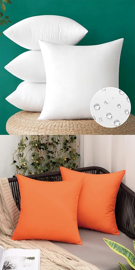 MIULEE Pack of 4 Waterproof Pillow Inserts Bundle Pack of 2 Outdoor Pillow Covers Orange 18x18 Inch