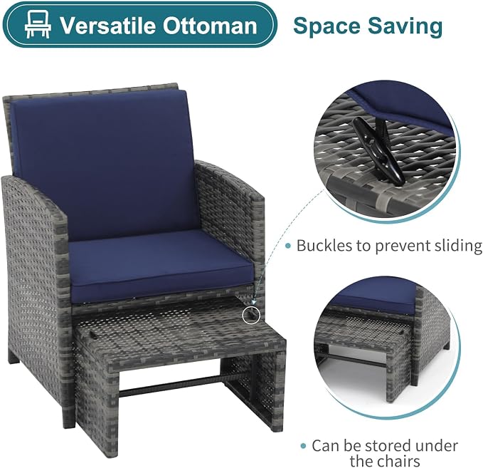 OC Orange-Casual 5 Piece Patio Furniture Set, Wicker Outdoor Conversation Chair and Ottoman Set with Coffee Table, for Balcony, Porch, Deck, Navy Blue