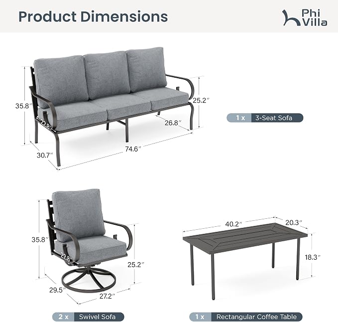 PHI VILLA Patio Furniture Set, 3-Seater Sofa, 4 Swivel Chairs and a Coffee Table, Outdoor Metal Conversation Set with 5.75" Extra Thick Cushion for Garden Backyard Deck, Grey