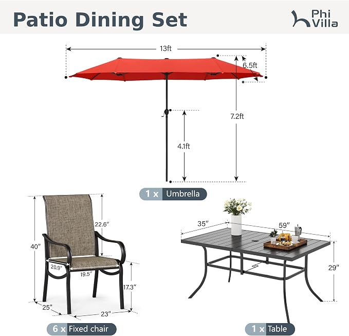 PHI VILLA 8 Pcs Outdoor Dining Set with 13ft Umbrella, Mesh Patio Chairs | 59'' rectangular metal table, 6 textilene chairs and 13ft orange red umbrella(NO BASE), all-weather for deck, garden, yard
