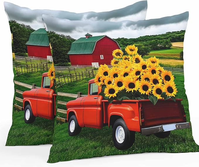 Waterproof Pillow Covers Set of 2 20x20 Inch Farmhouse Sunflower Outdoor Cushion Covers Farm Red Truck Decorative Pillow Cases for Patio, Sofa, Couch, Garden, Balcony
