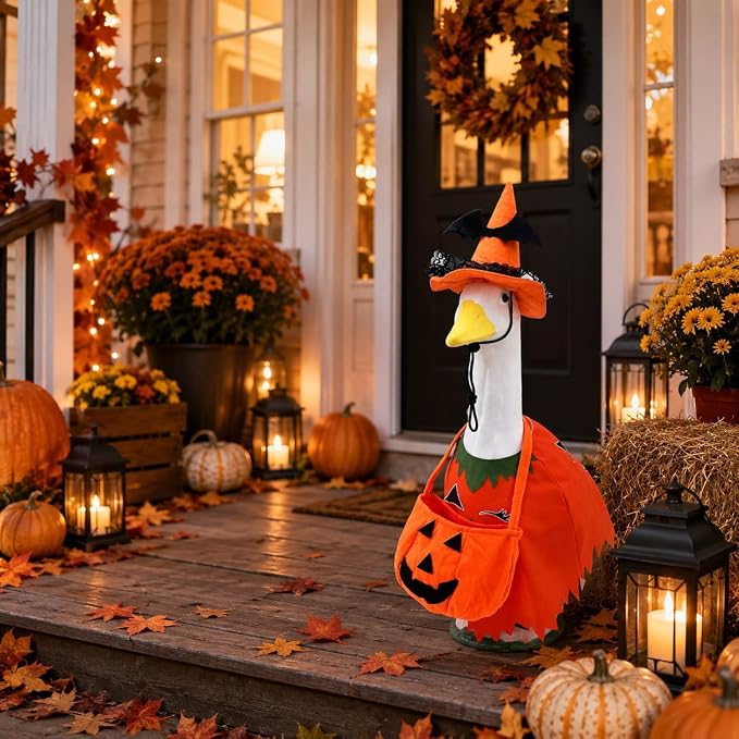 STONESTAR Halloween Porch Goose Outfits for 23'' Lawn Geese Statue Goose Costume with Witch Hat Pumpkin Outfits Candy Treat Bag, Outdoor Garden Goose Decor for Patio Yard Lawn Art Halloween Ornament