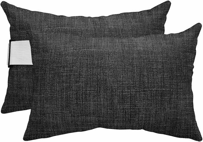 Black Outdoor Lumbar Pillows 12x20 Set of 2, Farmhouse Burlap Solid Black Color Modern Linen Texture Waterproof Throw Pillow Covers with Insert, Decorative Support Pillows for Lounge, Chaise