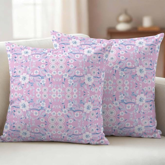 Pink Blue Floral Outdoor Pillow Covers 18x18 Inch Throw Pillow Covers Set of 2 Waterproof Decorative Pillow Cases Vintage Pastoral Botanical Leaves Cushion Covers for Patio Furniture Garden Couch Sofa