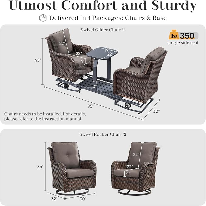 Rilyson Luxury Outdoor Wicker Glider Rocker Chairs for 4 Person, Outdoor Furniture Sets with 2 Piece Wicker Swivel Rocker Chairs, Rattan Glider Rocker Chairs with Table for 2 Seats Brown/Grey