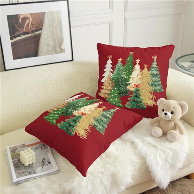 Red Christmas Pillow Covers 18x18 Set of 2 Gold Green Xmas Tree Pillow Case Winter Holiday Throw Pillow Covers Double Sided Printing Decorative Cushion Case for Couch Sofa