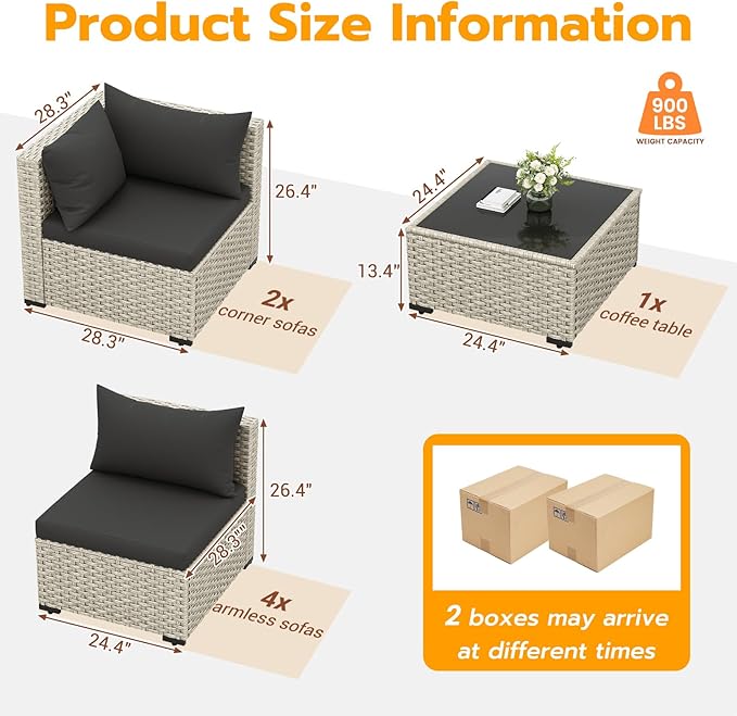 UDPATIO Outdoor Patio Furniture Set, 7 Pcs PE Wicker Sectional Sofa with Tea Table, Outdoor Conversation Set for Patio, Garden, Backyard (Black Cushions with Light Grey Rattan)