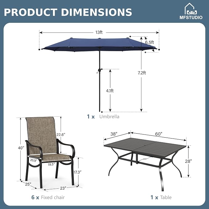 MFSTUDIO Outdoor Dining Set with Umbrella, Patio Dining Set for 6 Persons, Patio Furniture Set with Rectangle Table & Textilene Chairs & Navy Blue Umbrella (Base not Included)
