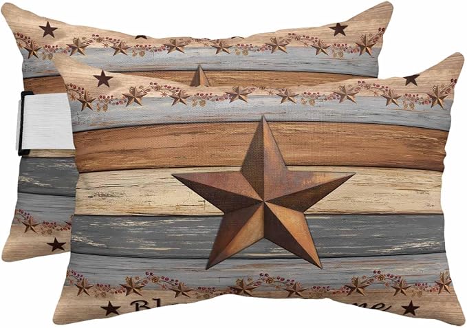 Western Texas Star Vintage Outdoor Pillows for Chaise Lounge Chair Beach Headrest Pillow Set of 2 Lumbar Pillows with Insert&Strap Retro Farmhouse Gray Brown Wooden Neck Pillow for Pool 12"x20"