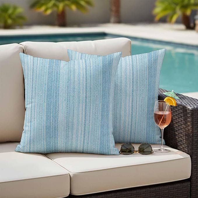 Abstract Blue Outdoor Pillow Covers 16"x16" Set of 2, Rustic Farmhouse Minimalist Blue Vertical Striped Lines Waterproof Throw Pillow Covers for Patio Furniture, Decorative Cushion Covers for Porch