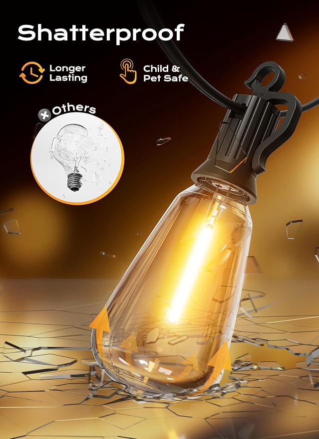 Brightown Outdoor String Lights, 150FT 47+2 LED ST38 LED Patio Lights Shatterproof, Dimmable IP65 Waterproof Connectable Hanging Outdoor Light for Backyard, Porch, Deck, Balcony