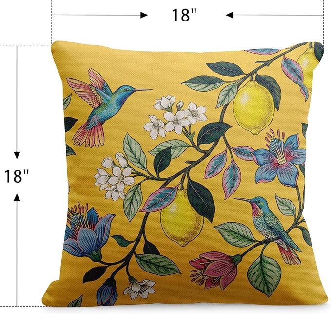Throw Pillow Covers, Yellow Bird Floral, 18 x 18 Inch, Set of 2 | Outdoor Waterproof Pillowcase Square Cushion Case Farmhouse Garden Decorative Pillows for Couch Beach Patio