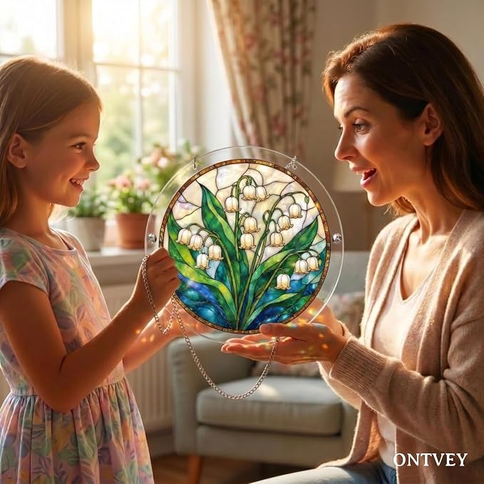 Acrylic Jigsaw Puzzle Suncatcher - Lily of the Valley Puzzle Window Hanging Kit, 83 Irregular Pieces & Hanging Chain - Creative DIY Home Indoor & Garden Decor (7.4 Inch)