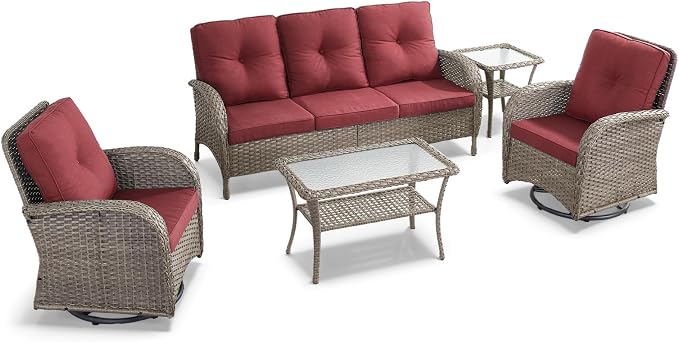 5 Pieces Wicker Patio Furniture Set-Outdoor Swivel Rocker Patio Chairs Patio Sofa Set with Tempered Glass Top Outdoor Coffee Table for Deck Lawn Porch Balcony Poolside-Grey/Red