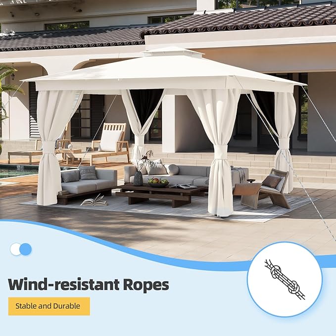 MELLCOM 10'x13' Outdoor Gazebo for Patio, White, Heavy Duty Party Tent with Double Roofs, Outdoor Canopy with Curtains and Nettings for Deck, Lawn and Backyard