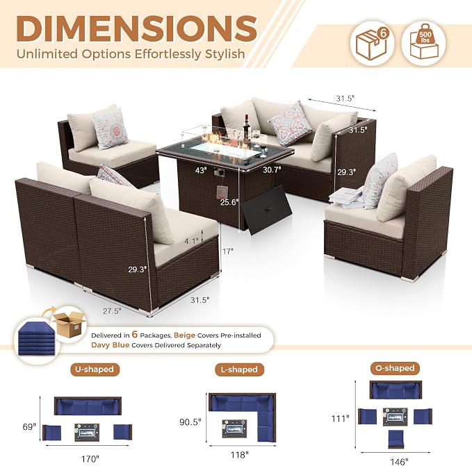 BULEXYARD 7-Piece Outdoor Patio Furniture Set with Propane/Natural Gas Fire Pit Table, Modular High-Back Sectional Couch Sofa, All-Weather Heavy Duty Backyard Seating, Brown Rattan & Navy Blue Cushion