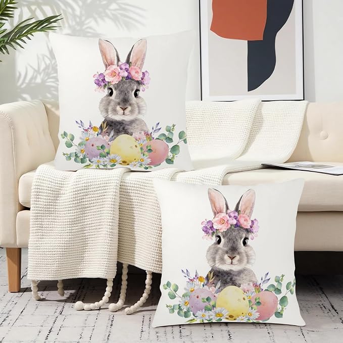 Happy Easter Pillow Covers Daisy Floral Colorful Easter Eggs Pillow Cases 20x20 Set of 2 Lovely Bunny Throw Pillow Covers Spring Farmhouse Cushion Cases for Couch Sofa