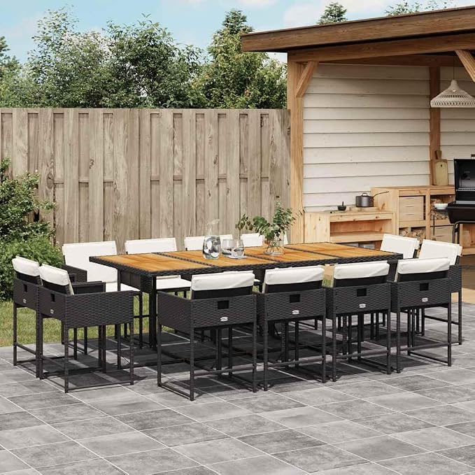 13 Piece Patio Dining Set with Cushions Black Poly Rattan Outdoor Furniture Table and 12 Folding Chairs for Garden Backyard Entertaining UV Proof 242.5 lb Load Capacity