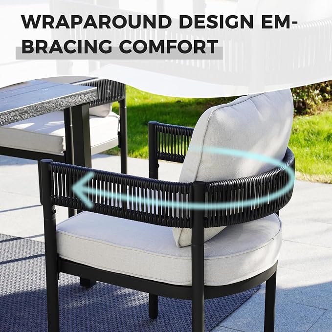 Grand patio 9-Piece Expandable Table Dining Set for 6 to 10, Aluminum Outdoor Dining Table with Glass Tabletop, Metal Woven Wicker Fixed Patio Chairs with Cushions for Yard, Poolside, Deck (Black)