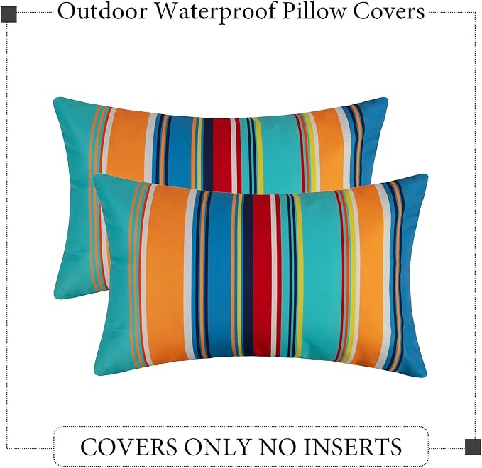 Pyonic Outdoor Lumbar Pillow Covers Set of 2 Waterproof Throw Pillow Covers Decorative Patio Pillows for Patio Tent Garden Beach,12x20 Inches,Color Stripe(Blue)