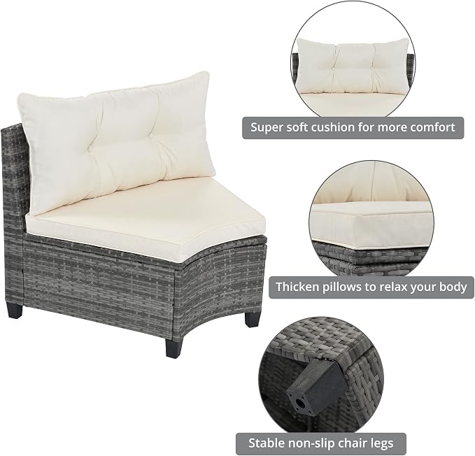 8-pieces Outdoor Patio Half-Moon Sectional Sofa Sets With Rectangular Coffee Table, All Weather PE Rattan Wicker Curved Sofa Set, Water-resistant and UV Protected Conversation Sets (Beige 8-pieces)