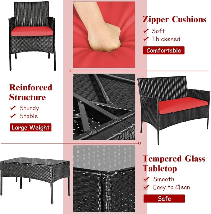 Tangkula 4 Piece Patio Furniture Set, Outdoor Wicker Conversation Set with Tempered Glass Coffee Table, Rattan Loveseat & Chairs Set with Seat Cushions for Backyard, Garden, Poolside (1, Red)
