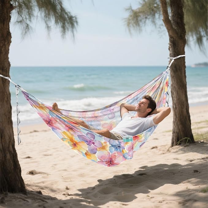 Camping Hammock Outdoor Hammocks for Outside Watercolored Flower Beach Trees Portable Lightweight with Pockets Tree Straps Indoor Small