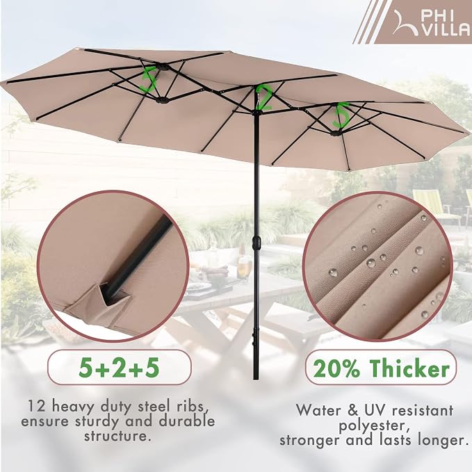 PHI VILLA 7pc Patio Dining Set w/Umbrella, Wood-top Table, Rattan Chairs | Outdoor Dining Set for 6, Metal Table & 6 Cushioned Rattan Chairs with Beige Umbrella for Outdoor, Deck, Yard, Porch
