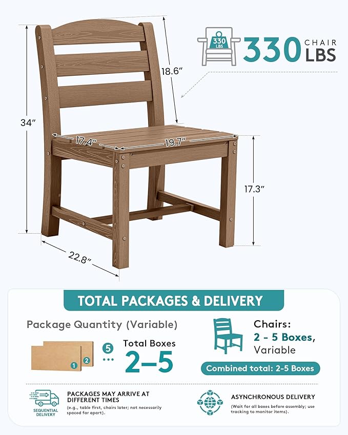 SERWALL Outdoor Armless Dining Chairs Set of 2, All-Weather HDPE Patio Chair with 19.7" Widened Seat, for Backyard, Garden, Brown