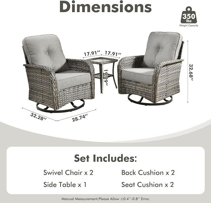 CAODOC 3-Piece Swivel Rocking Rattan Chair Outdoor, Patio Bistro Furniture Conversation Set, Wicker Chair with Coffee Table Dark Gray
