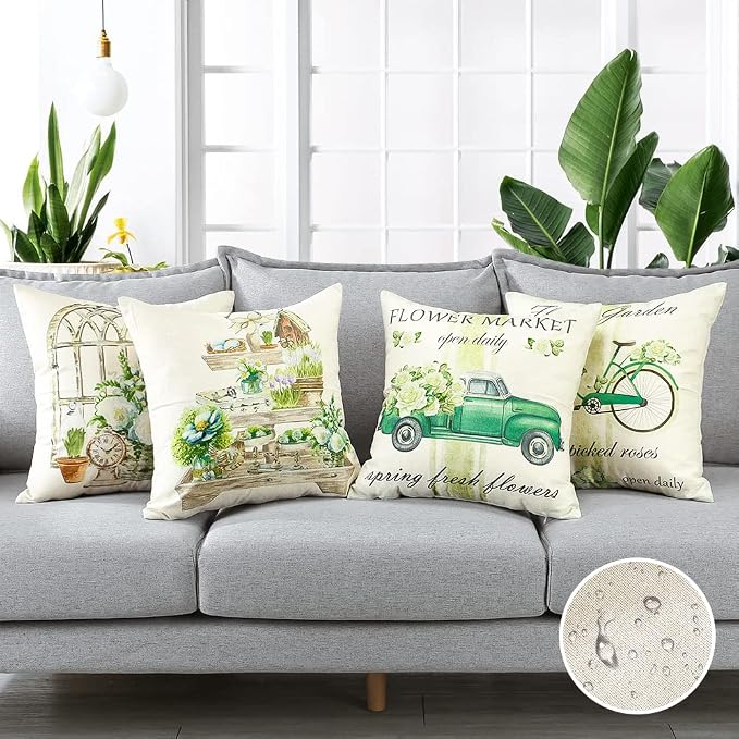 Artscope Set of 4 Waterproof Throw Pillow Covers 18x18 Inches, Spring - Green Garden Pattern Decorative Cushion Covers, Perfect to Outdoor Patio Garden Living Room Sofa Farmhouse Decor