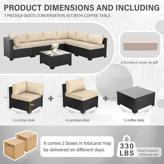 Valita 7 Pieces Outdoor Wicker Furniture Conversation Set Patio Sectional Sofa Set Glass Table with Non-Slip Cushions Furniture Cover, Khaki