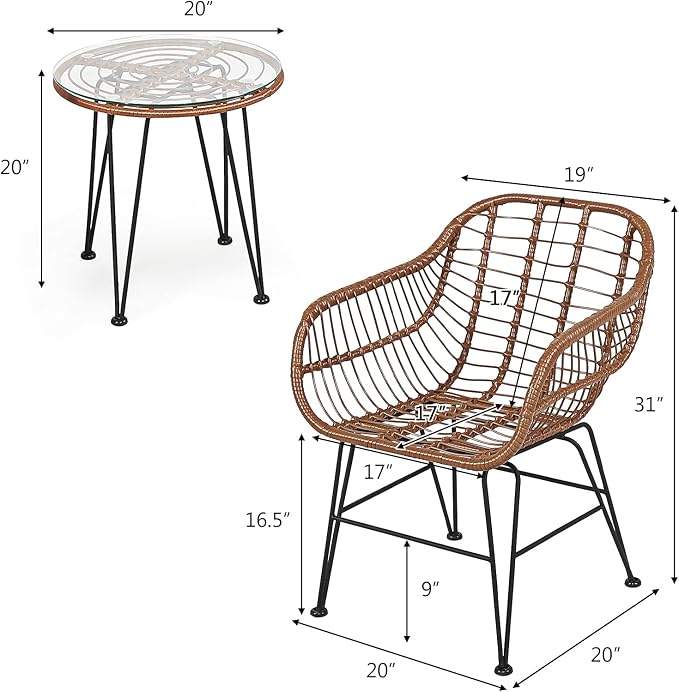 DORTALA 3 Piece Patio Bistro Set, Outdoor Wicker Furniture with Round Tempered Glass Top Table & 2 Rattan Armchairs, Cushions, Conversation Set for Porch, Backyard, Garden, Turquoise